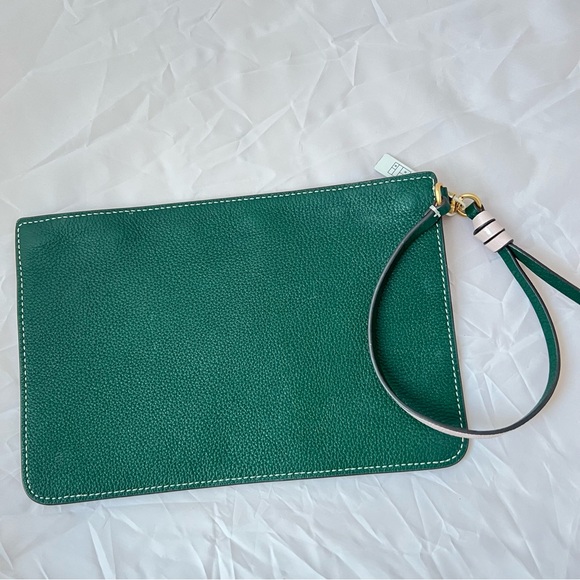 Tory Burch Green Leather Wristlet Pouch NEW